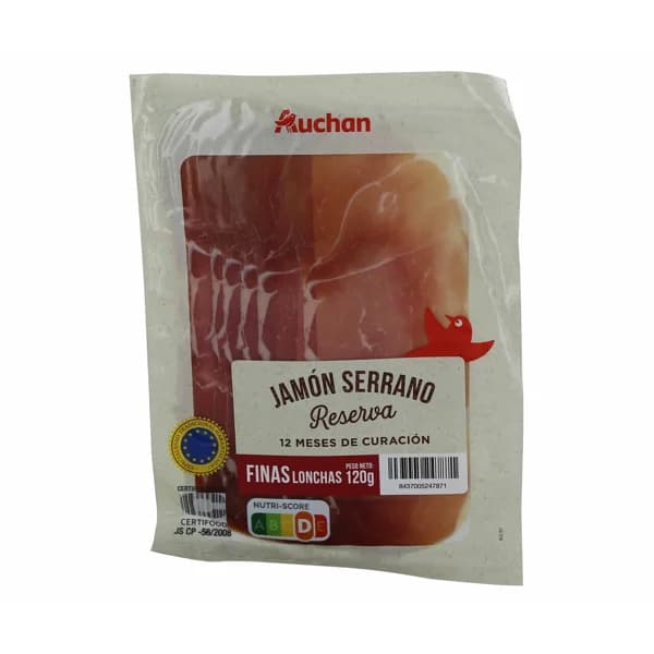 AUCHAN Jamón serrano reserva (curación mínima de 12 meses), cortado en finas lonchas 120 g. Producto Alcampo - 0.12 kg - Imagen del producto en Findit