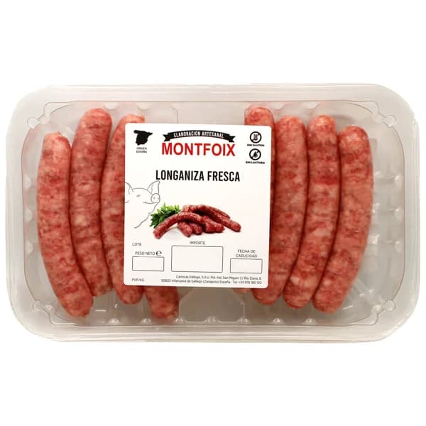 Bandeja de longanizas frescas de cerdo, tipo salchichas, elaboradas sin gluten ni lactosa MONTFOIX - 0.24 kg - Imagen del producto en Findit