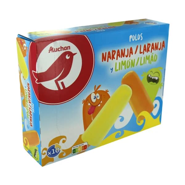 AUCHAN Polos de hielo de sorbete de limón (5) y naranja (5) 10 x 65 ml. Producto Alcampo - 0.65 l - Imagen del producto en Findit