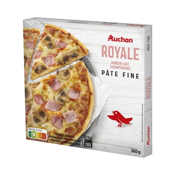 AUCHAN Pizza congelada de masa fina con jamón y queso 365 g. Producto Alcampo - 0.37 kg - Imagen del producto en Findit