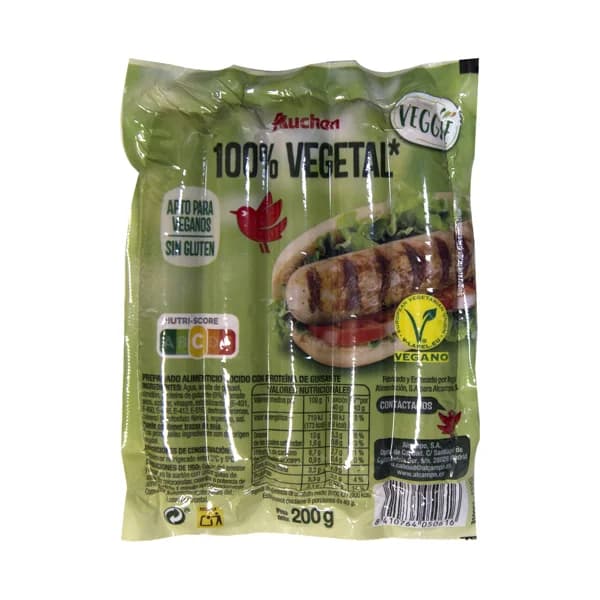 AUCHAN Veggie Salchichas cocidas 100% vegetales, a base de proteína de guisante 200 g. Producto Alcampo - 0.2 kg - Imagen del producto en Findit