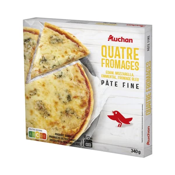 AUCHAN Pizza de masa fina a los 4 quesos (Edam, Mozzrella, Emmental y Azul) 340 g. Producto Alcampo - 0.34 kg - Imagen del producto en Findit