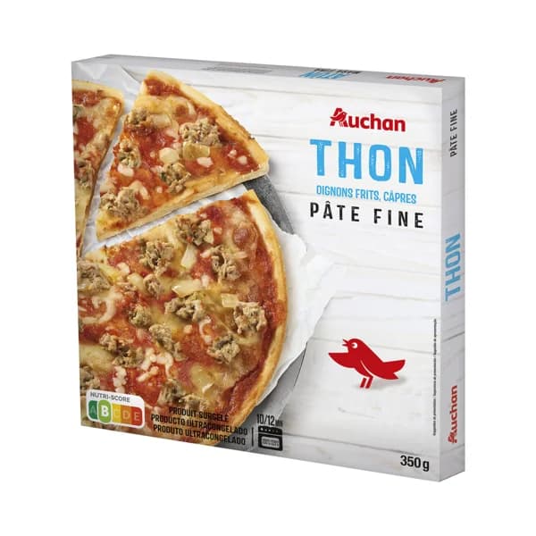 AUCHAN Pizza de masa fina con atún, cebolla frita y alcaparras 350 g. Producto Alcampo - 0.35 kg - Imagen del producto en Findit