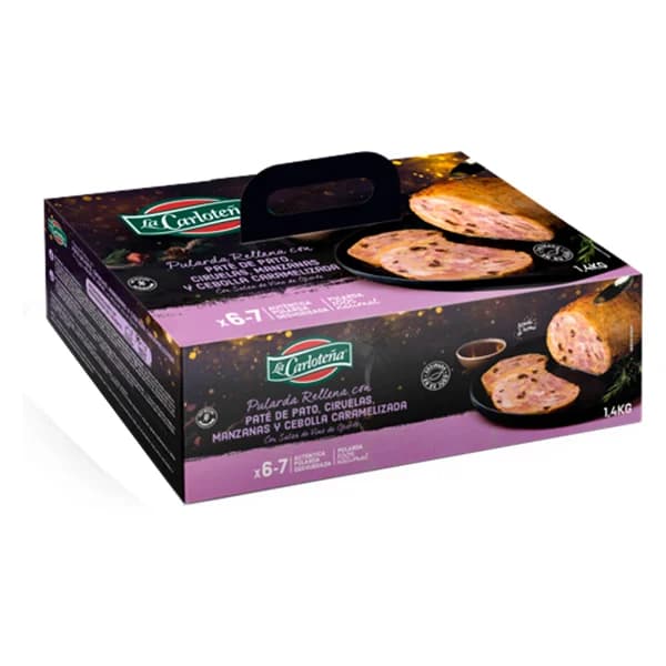 Pularda asada al horno en su propio jugo y rellena de paté de pato, ciruelas, manzanas y cebollas caramelizadas LA CARLOTEÑA 1.4 kg. - 1.4 kg - Imagen del producto en Findit