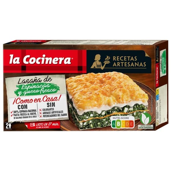 LA COCINERA Lasaña de pasta fresca al huevo, rellena de espinacas (100% nacionales) y queso Recetas artesanas 500 g. - 0.5 kg - Imagen del producto en Findit