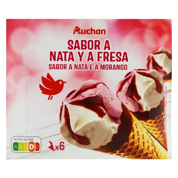AUCHAN Conos de helado de nata y fresa con salsa de fresa 6 x 120 ml. Producto Alcampo - 0.72 l - Imagen del producto en Findit