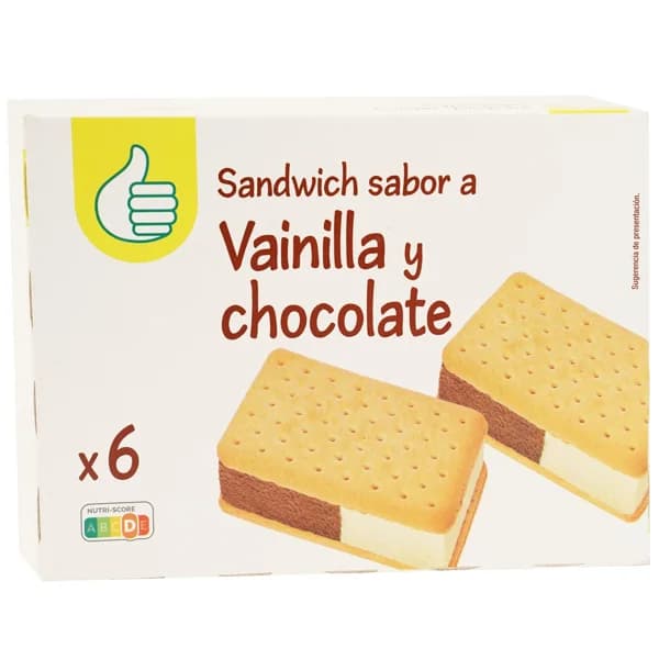 AUCHAN Sándwich de galleta relleno de helado sabor a vainilla y chocolate 6 x 100 ml. Producto Alcampo - 0.6 l - Imagen del producto en Findit