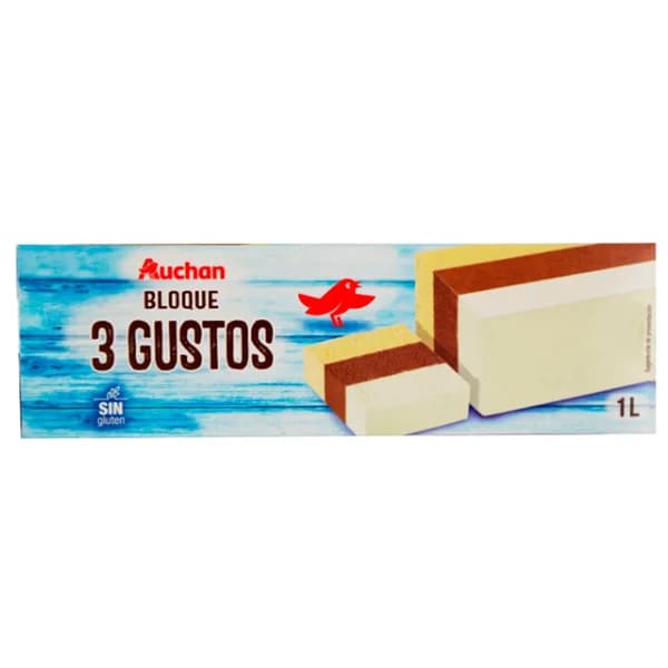 AUCHAN Bloque de helado de 3 gustos (vainilla, chocolate y nata) 1 l. Producto Alcampo - 1 l - Imagen del producto en Findit
