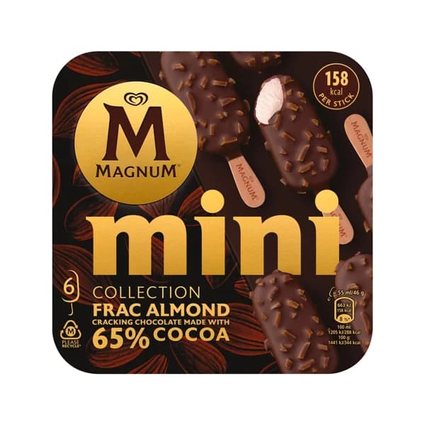 MAGNUM Mini bombón de helado de nata con chocolate crujiente (65% cacao) y almendras collection frac almond 6 x 55 ml. - 0.28 kg - Imagen del producto en Findit