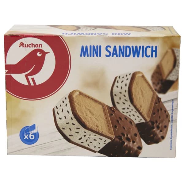 AUCHAN Mini sándwich de nata con trocitos de chocolate negro, galletas y recubrimiento de cacao 6 x 85 ml. Producto Alcampo - 0.51 l - Imagen del producto en Findit