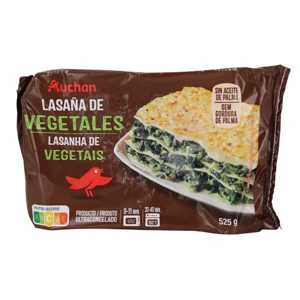 AUCHAN Lasaña ultracongelada, rellena de vegetales 525 g. Producto Alcampo - 0.53 kg - Imagen del producto en Findit