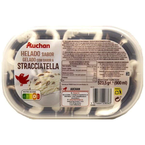 AUCHAN Tarrina de helado de stracciatella 900 ml. Producto Alcampo - 0.9 l - Imagen del producto en Findit