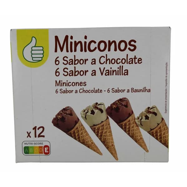 PRODUCTO ECONÓMICO ALCAMPO Mini conos de helado de chocoloate (6) y vainilla (6) PRODUCTO ECONÓMICO ALCAMPO 12 x 28 ml. - 0.36 l - Imagen del producto en Findit