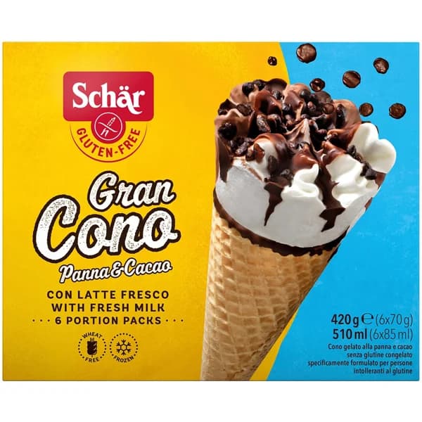 SCHÄR Cono de helado sin gluten de nata y chocolate, con pepitas de chocolate 6 x 85 ml. - 0.42 kg - Imagen del producto en Findit