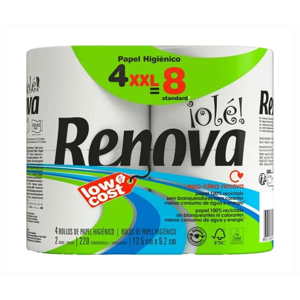 RENOVA ¡Ole! Papel higiénico compacto (procedente de papel 100% reciclado) de 2 capas  4 uds. - 1 ud - Imagen del producto en Findit