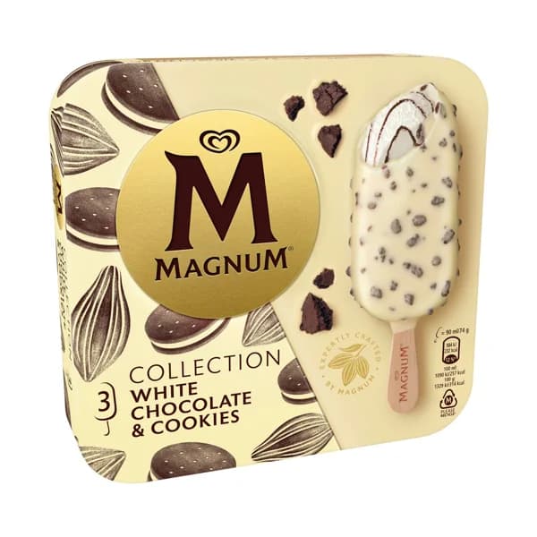 MAGNUM Bombón helado de chocolate blanco con trocitos de cookies colletcion 3 x 90 ml. - 0.27 l - Imagen del producto en Findit