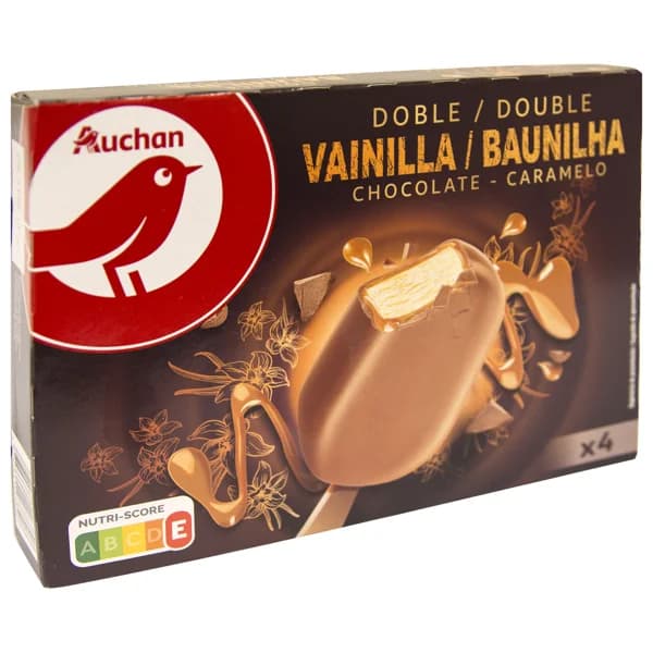 AUCHAN Bombon de helado de vainilla con salsa de caramelo, recubierto de chocolate con leche doble 4 x 100 ml. Producto Alcampo - 0.44 l - Imagen del producto en Findit