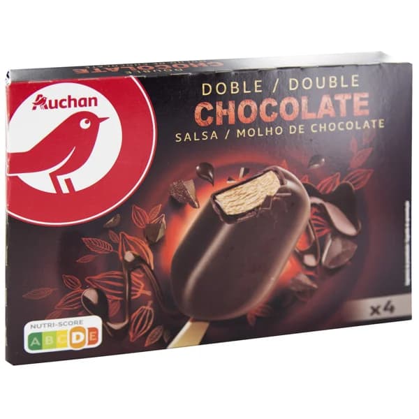 AUCHAN Bombon helado de chocolate con salsa de chocolate, recubierto de chocolate doble 4 x 100 ml. Producto Alcampo - 0.44 l - Imagen del producto en Findit