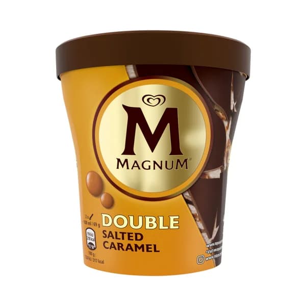 MAGNUM Double Tarrina de helado de vainilla con salsa de caramelo salado, con capa y laminas crujientes de chocolate 440 ml. - 0.44 l - Imagen del producto en Findit