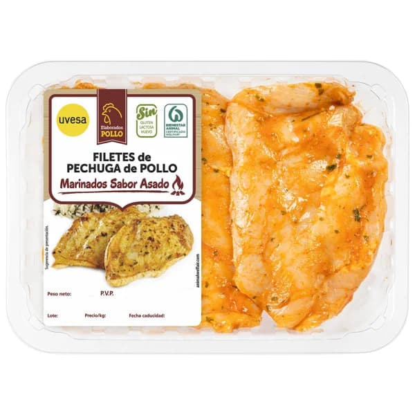 Bandeja de pechuga de pollo fileteada y con marinado con sabor a asado UVESA 375 g - 0.38 kg - Imagen del producto en Findit