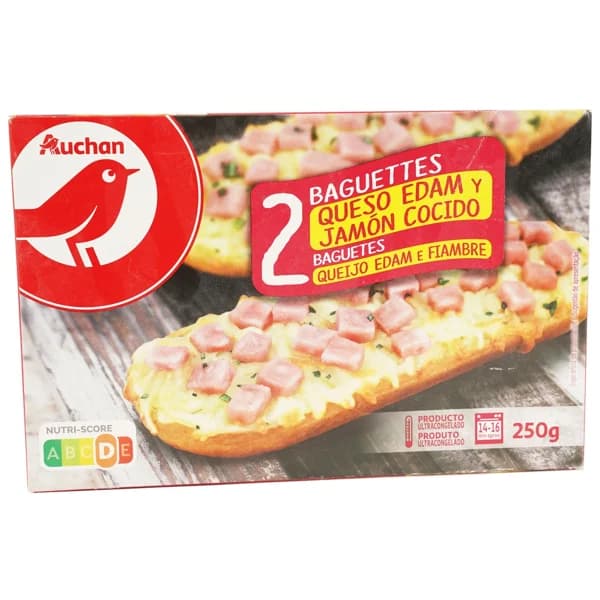 AUCHAN Baguettes de jamón cocido ahumado y queso Edam 2 x 125 g. Producto Alcampo - 0.25 kg - Imagen del producto en Findit