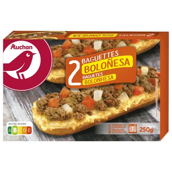 AUCHAN Baguettes con queso Edam, carne de vacuno, tomate y cebolla 2 x 125 g. Producto Alcampo - 0.25 kg - Imagen del producto en Findit
