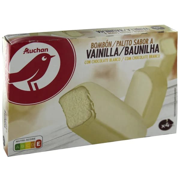 AUCHAN Bombón helado gigante de vainilla con cobertura de chocolate blanco 4 x 120 ml. Producto Alcampo - 0.48 l - Imagen del producto en Findit