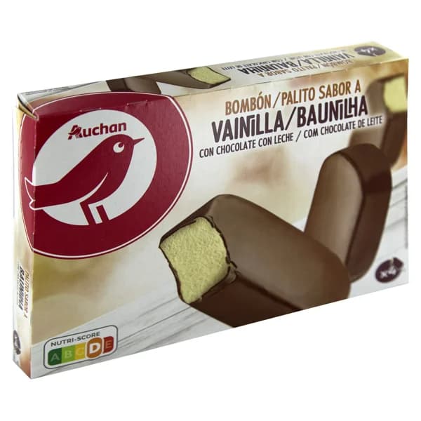 AUCHAN Bombón helado de vainilla recubierto de chocolate con leche 4 x 120 ml. Producto Alcampo - 0.48 l - Imagen del producto en Findit