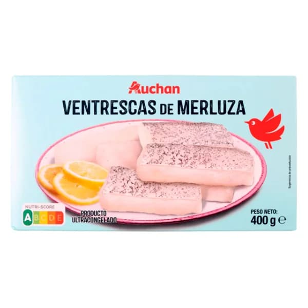 AUCHAN Ventrescas congeladas de merluza 400 g. Producto Alcampo - 0.4 kg - Imagen del producto en Findit