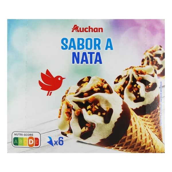 AUCHAN Cono de helado de nata con trocitos de avellana caramelizada y salsa de chocolate 6 x 120 ml. Producto Alcampo - 0.72 l - Imagen del producto en Findit