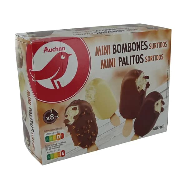 AUCHAN Minibombón helado de chocolate blanco, con leche, negro y almendrado 8 x 60 ml. Producto Alcampo - 0.48 l - Imagen del producto en Findit