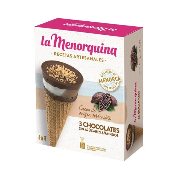 LA MENORQUINA Cono de helado de 3 chocolates sin azúcares añadidos recetas artesanales 4 x 120 ml. - 0.48 l - Imagen del producto en Findit