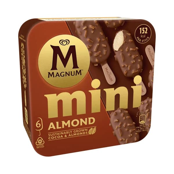 MAGNUM de Frigo Mini bombón helado de vainilla recubierto de chocolate con leche y almendras 6 x 60 ml. - 0.33 l - Imagen del producto en Findit