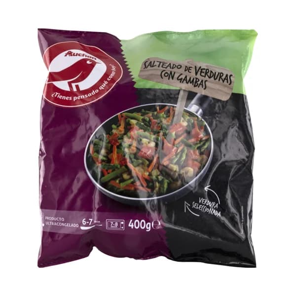 AUCHAN Salteado de verduras seleccionadas, con gambas 400 g. Producto Alcampo - 0.4 kg - Imagen del producto en Findit