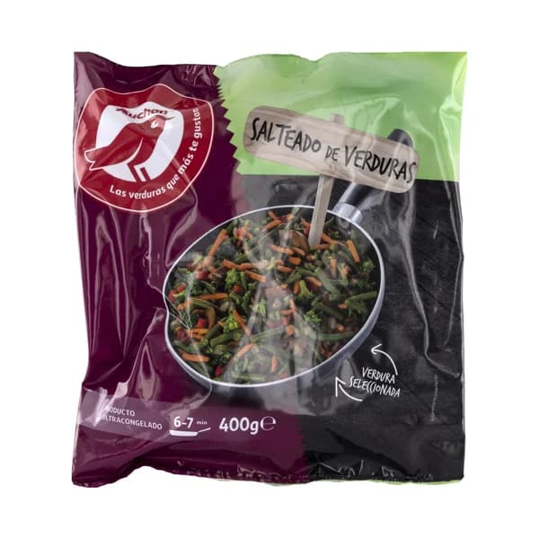 AUCHAN Salteado de verduras seleccionadas (judía verde fina, cebolla, pimiento rojo, brócoli y champiñón) 400 g. Producto Alcampo - 0.4 kg - Imagen del producto en Findit