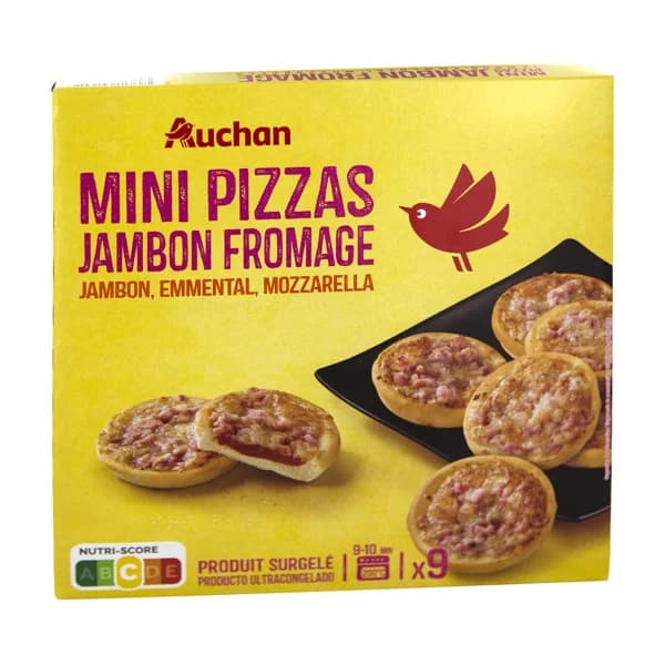 AUCHAN Mini pizzas congeladas de jamón y queso (Emmental y Mozzarella) 270 g. Producto Alcampo - 0.27 kg - Imagen del producto en Findit