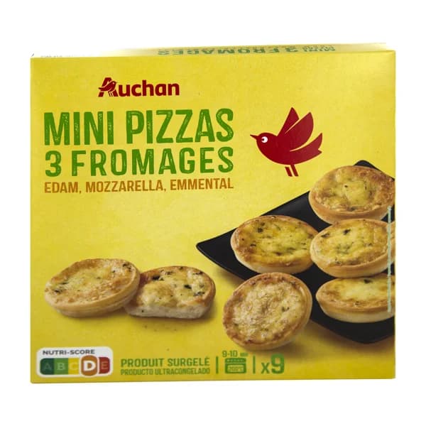 AUCHAN Mini pizzas congeladas 3 quesos (Edam, Mozzarella y Emmental) 270 g. Producto Alcampo - 0.27 kg - Imagen del producto en Findit