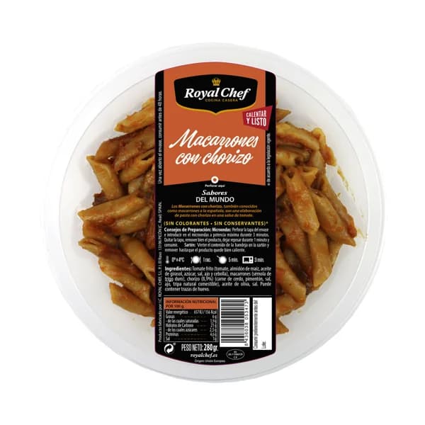 ROYAL CHEF Macarrones con tomate y chorizo, listos para calentar y comer ROYAL CHEF 280 g. - 0.28 kg - Imagen del producto en Findit