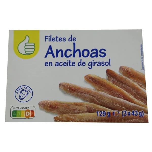 PRODUCTO ECONÓMICO ALCAMPO Filetes de anchoa en aceite de girasol PRODUCTO ECONÓMICO ALCAMPO 3 uds. x 43 g. - 0.07 kg - Imagen del producto en Findit