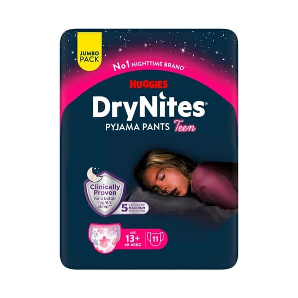 DRYNITES Pañales de noche (braguitas absorbentes) talla 13 + años, para niñas de 48 a 60 kg 11 uds. - 1 ud - Imagen del producto en Findit