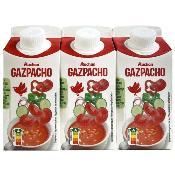AUCHAN Gazpacho pasteurizado, elaboado con aceite de oliva virgen extra 3 x 330 ml. Producto Alcampo - 0.99 l - Imagen del producto en Findit