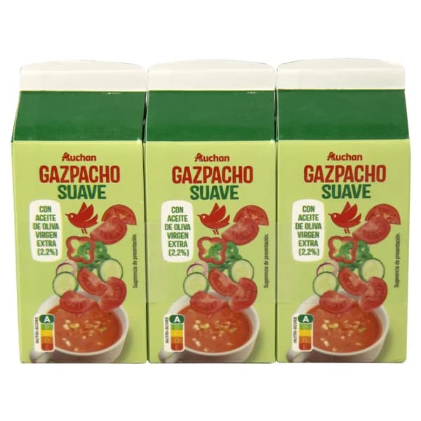 AUCHAN Gazpacho suave, con aceite de oliva virgen extra y sin gluten 3 x 33 cl. Producto Alcampo - 0.99 l - Imagen del producto en Findit