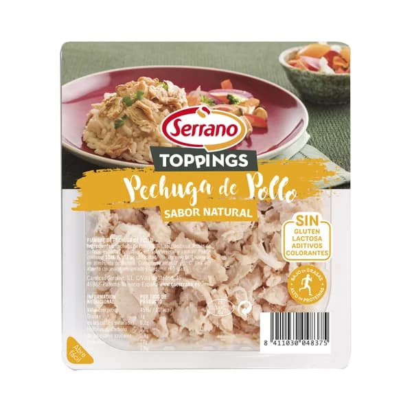 SERRANO Fiambre de pechuga de pollo al natural, cortada en tiras SERRANO Toppings 140 g. - 0.14 kg - Imagen del producto en Findit