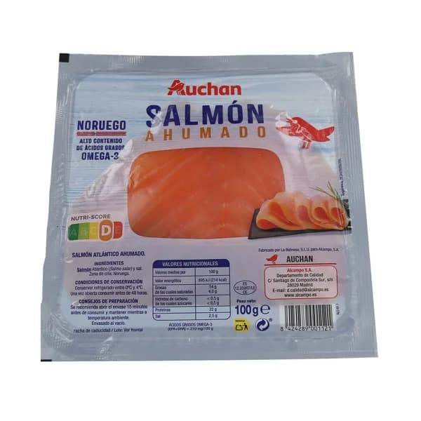 AUCHAN Salmón ahumado Noruego en lonchas 100 g. Producto Alcampo - 0.1 kg - Imagen del producto en Findit