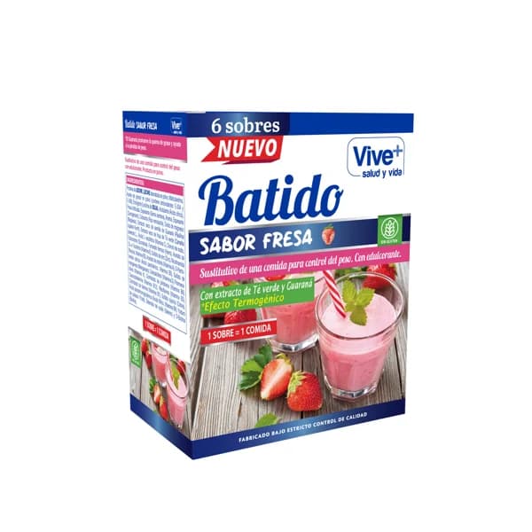 VIVE+ SALUD Y VIDA Batido sustitutivo sabor fresa, con extracto de té verde y guaraná VIVE + SALUD Y VIDA 180 g. - 0.18 kg - Imagen del producto en Findit