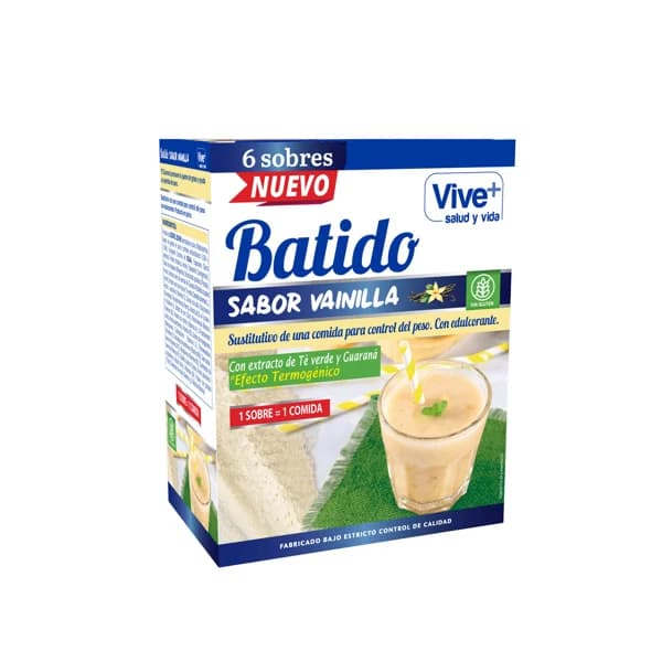 VIVE+ SALUD Y VIDA Batido sustitutivo sabor vainilla, con extracto té verde y guaraná VIVE + SALUD Y VIDA 180 g. - 0.18 kg - Imagen del producto en Findit