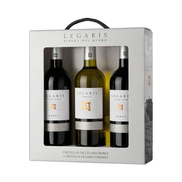 LEGARIS  Estuche con 2 botellas (75 cl) de vino tinto roble DO Ribera del Duero y botella (75 cl) de vino blanco DO Rueda LEGARIS. - 1 ud - Imagen del producto en Findit