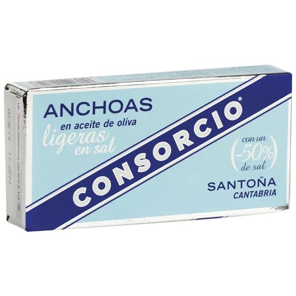 CONSORCIO Filetes de anchoa de Santoña en aceite de oliva, ligeras en sal CONSORCIO 26 g. peso neto escurrido - 1 ud - Imagen del producto en Findit