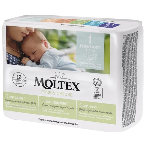 MOLTEX Pure & nature Pañales ecológicos talla 1 para bebés recien nacidos (2-5 kg) 22 uds. - 1 ud - Imagen del producto en Findit