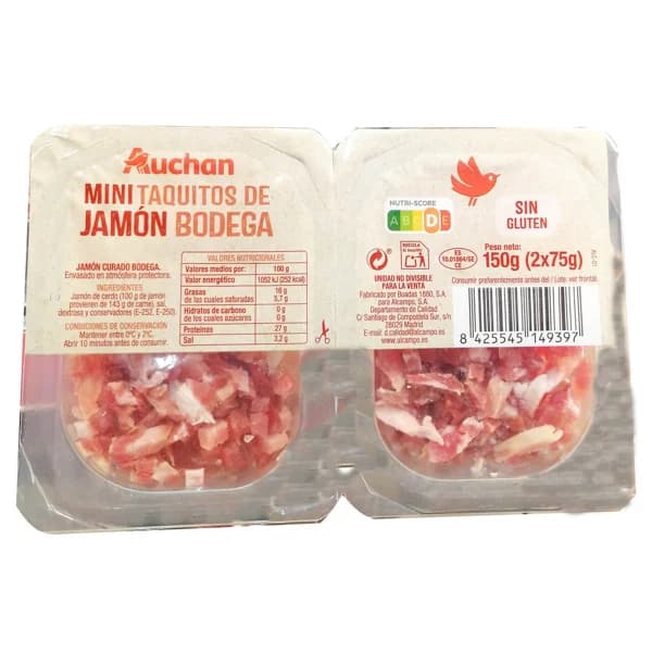 AUCHAN Jamón curado en bodega, cortado en mini taquitos 2 x 75 g. Producto Alcampo - 0.15 kg - Imagen del producto en Findit